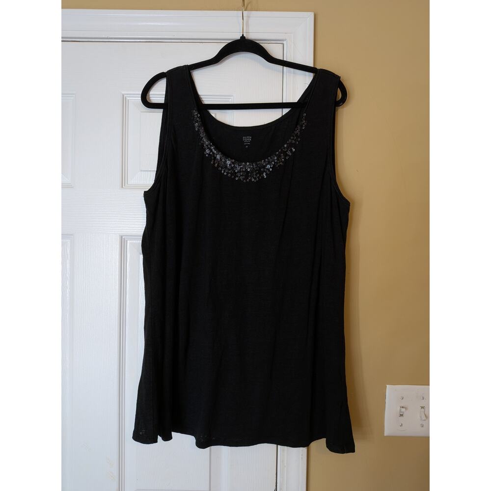 Eileen Fisher Black Linen Sequin Scoop Neck Tank Top Minimalist Size 2X